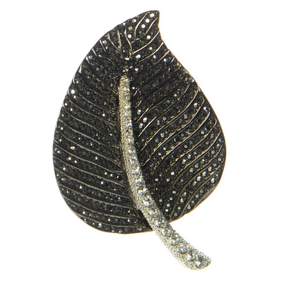 Kenneth Jay Lane KJL Gunmetal Crystal Leaf Pin Brooch - Picture 1 of 5
